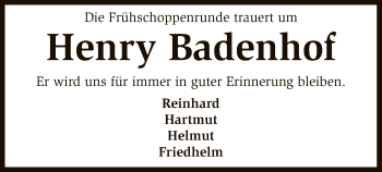 Todesanzeige von Henry Badenhof von SYK