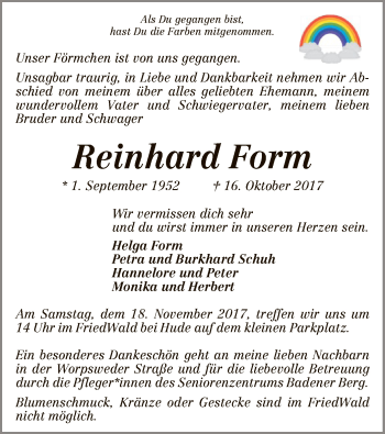 Todesanzeige von Reinhard Form von SYK