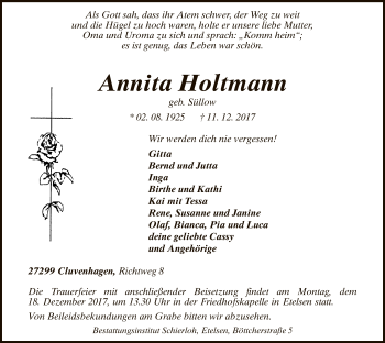 Todesanzeige von Annita Holtmann von SYK