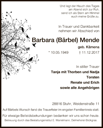Todesanzeige von Barbara Mende von SYK