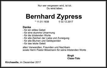 Todesanzeige von Bernhard Zypress von SYK