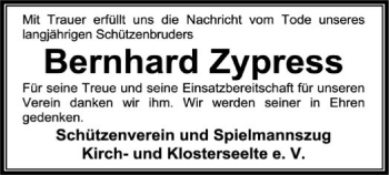 Todesanzeige von Bernhard Zypress von SYK