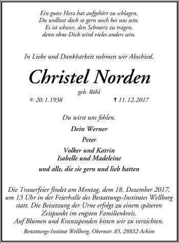 Todesanzeige von Christel Norden von SYK