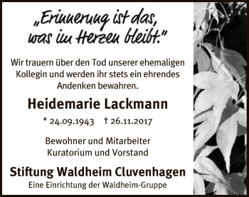 Todesanzeige von Heidemarie Lackmann von SYK