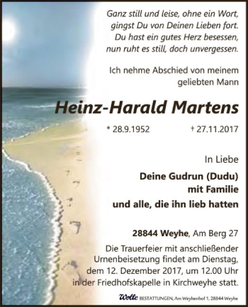 Todesanzeige von Heinz-Harald Martens von SYK