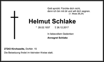 Todesanzeige von Helmut Schlake von SYK