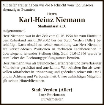 Todesanzeige von Karl-Heinz Niemann von SYK