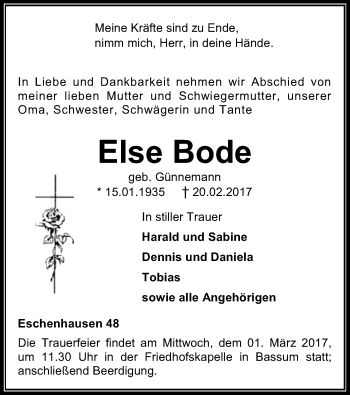 Todesanzeige von Else Bode von SYK
