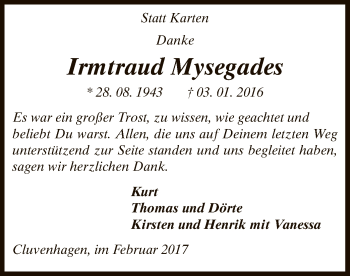 Todesanzeige von Irmtraud Mysegades von SYK