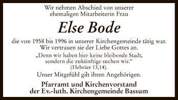 Todesanzeige von Else Bode von SYK