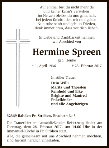 Todesanzeige von Hermine Spreen von SYK