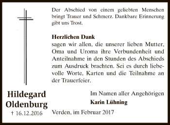 Todesanzeige von Hildegard Oldenburg von SYK