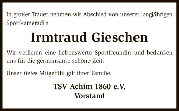 Todesanzeige von Irmtraud Gieschen von SYK