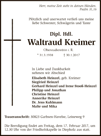 Todesanzeige von Waltraud Kreimer von SYK