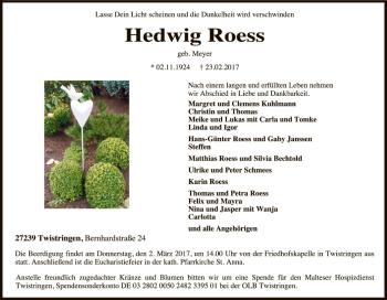 Todesanzeige von Hedwig Roess von SYK