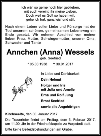 Todesanzeige von Annchen Wessels von SYK