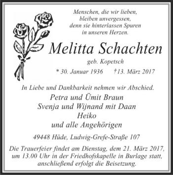 Todesanzeige von Melitta Schachten von SYK