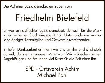 Todesanzeige von Friedhelm Bielefeld von SYK