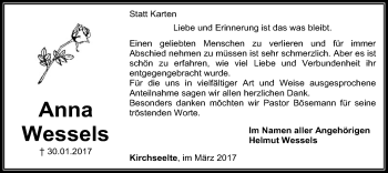 Todesanzeige von Anna Wessels von SYK