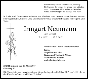 Todesanzeige von Irmgart Neumann von SYK