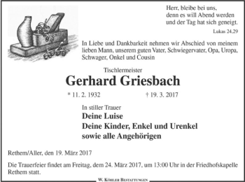 Todesanzeige von Gerhard Griesbach von SYK
