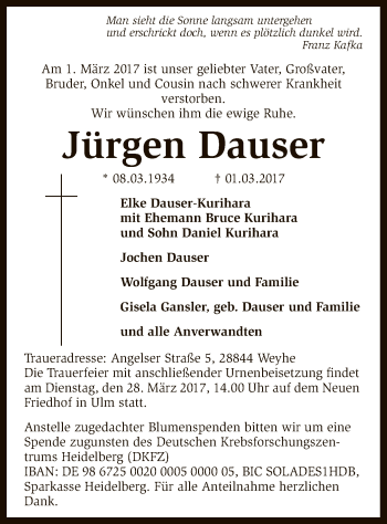 Todesanzeige von Jürgen Dauser von SYK