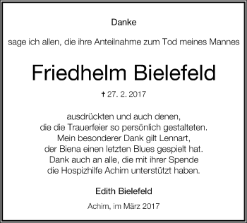 Todesanzeige von Friedhelm Bielefeld von SYK