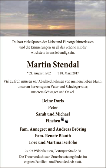 Todesanzeige von Martin Stendal von SYK