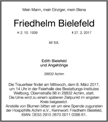 Todesanzeige von Friedhelm Bielefeld von SYK