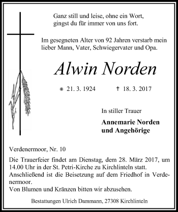 Todesanzeige von Alwin Norden von SYK