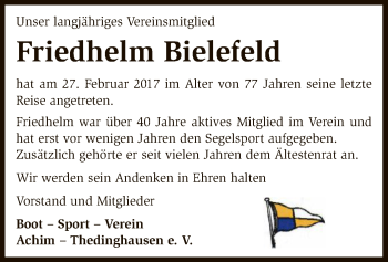 Todesanzeige von Friedhelm Bielefeld von SYK
