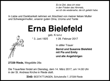 Todesanzeige von Erna Bielefeld von SYK