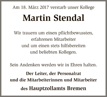 Todesanzeige von Martin Stendal von SYK