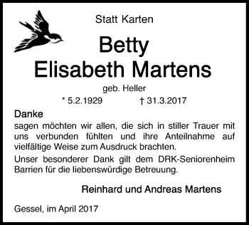 Todesanzeige von Betty Elisabeth Martens von SYK