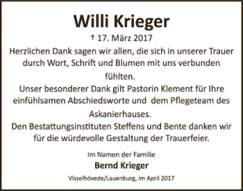 Todesanzeige von Willi Krieger von SYK