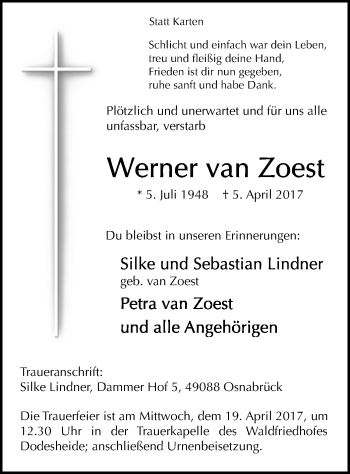 Todesanzeige von Werner  van Zoest von SYK
