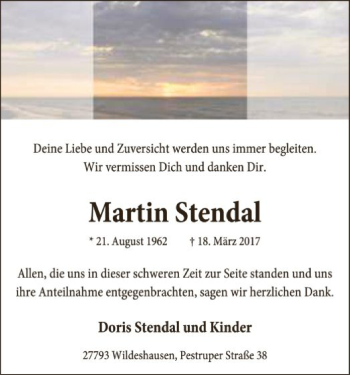 Todesanzeige von Martin Stendal von SYK