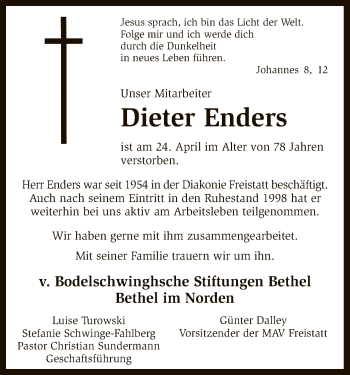 Todesanzeige von Dieter Enders von SYK