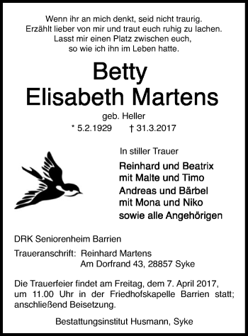 Todesanzeige von Betty Elisabeth Martens von SYK