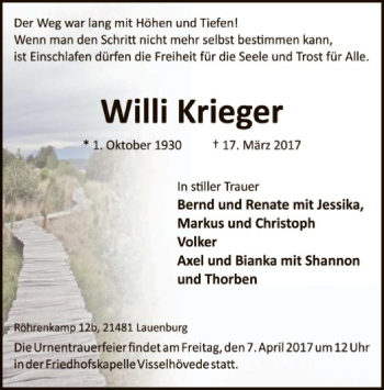 Todesanzeige von Willi Krieger von SYK