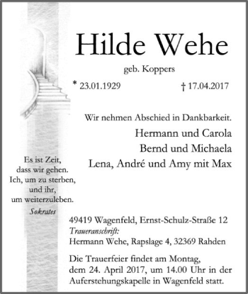 Todesanzeige von Hilde Wehe von SYK
