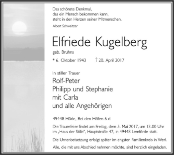 Todesanzeige von Elfriede Kugelberg von SYK
