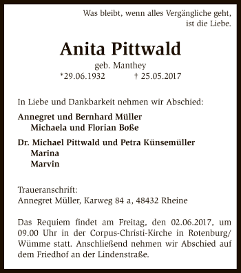 Todesanzeige von Anita Pittwald von SYK