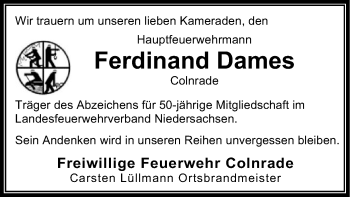 Todesanzeige von Ferdinand Dames von SYK