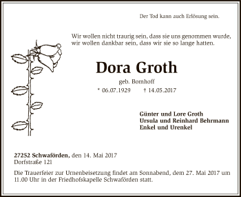 Todesanzeige von Dora Groth von SYK