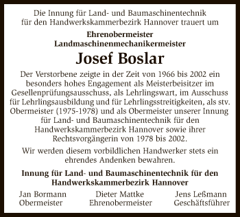 Todesanzeige von Josef Boslar von SYK