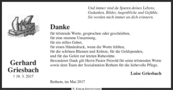 Todesanzeige von Gerhard Griesbach von SYK
