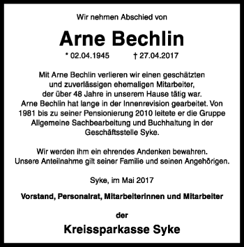 Todesanzeige von Arne Bechlin von SYK