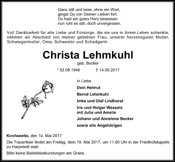 Todesanzeige von Christa Lehmkuhl von SYK