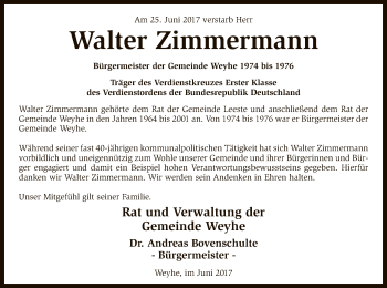 Todesanzeige von Walter Zimmermann von SYK